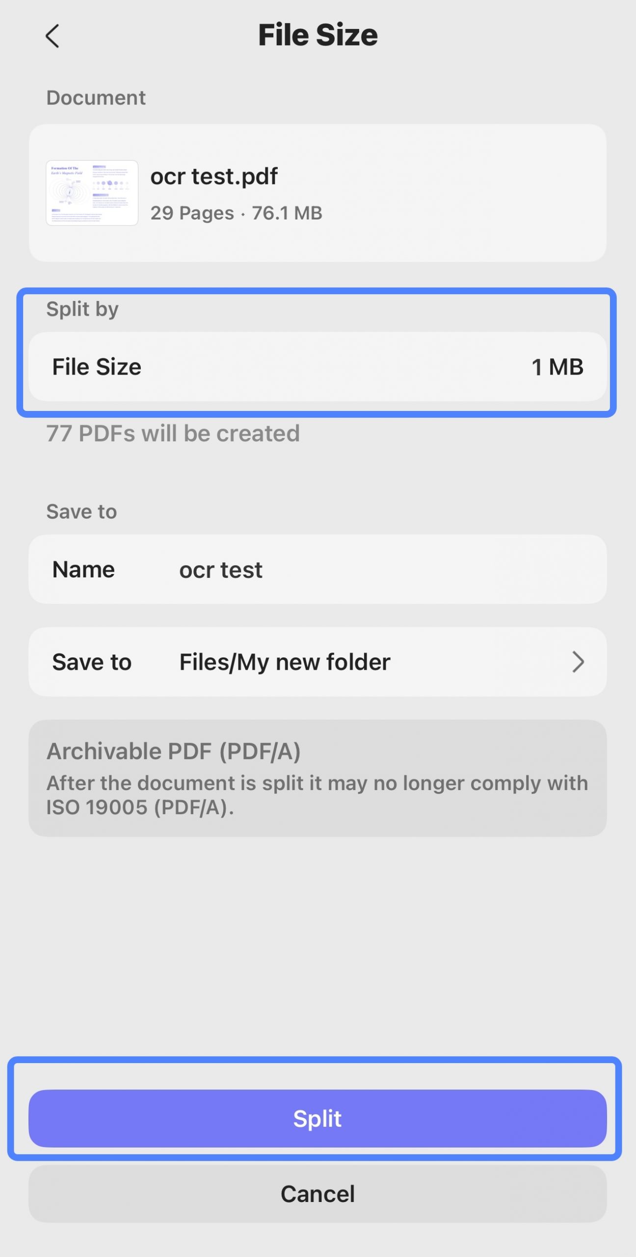 split by page size
