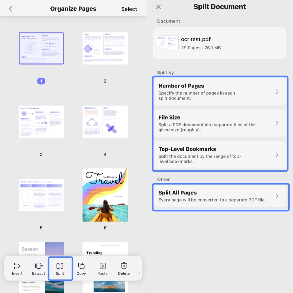 split pdf ios updf