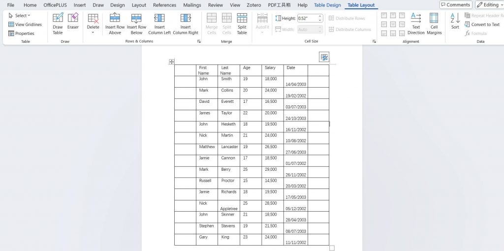table in word