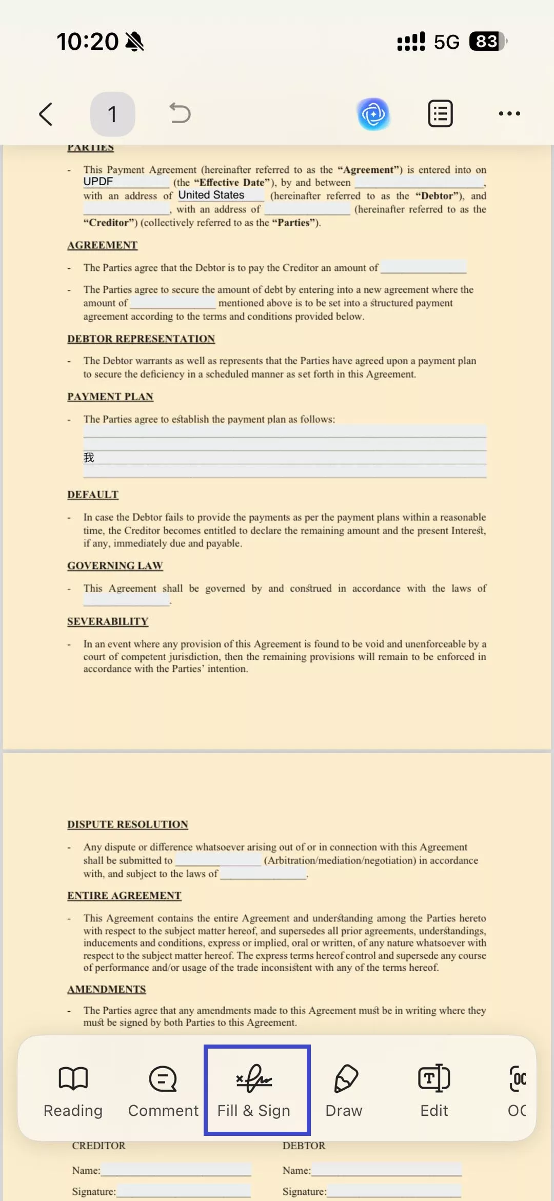 tap on Fill and Sign