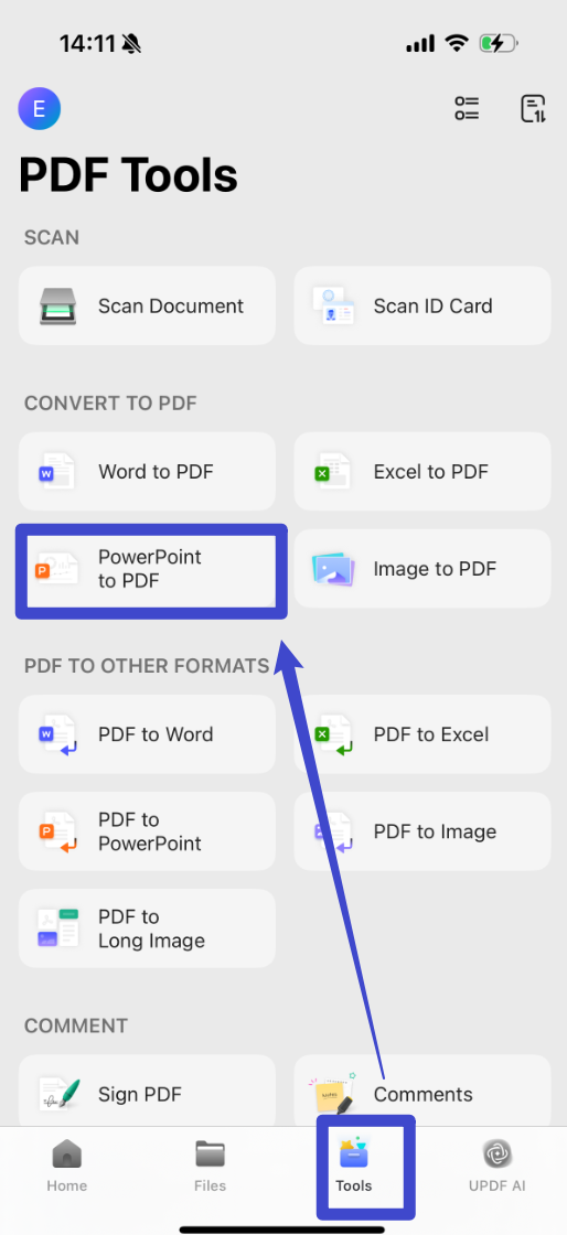 Click "Tools", choose "PowerPoint to PDF"
