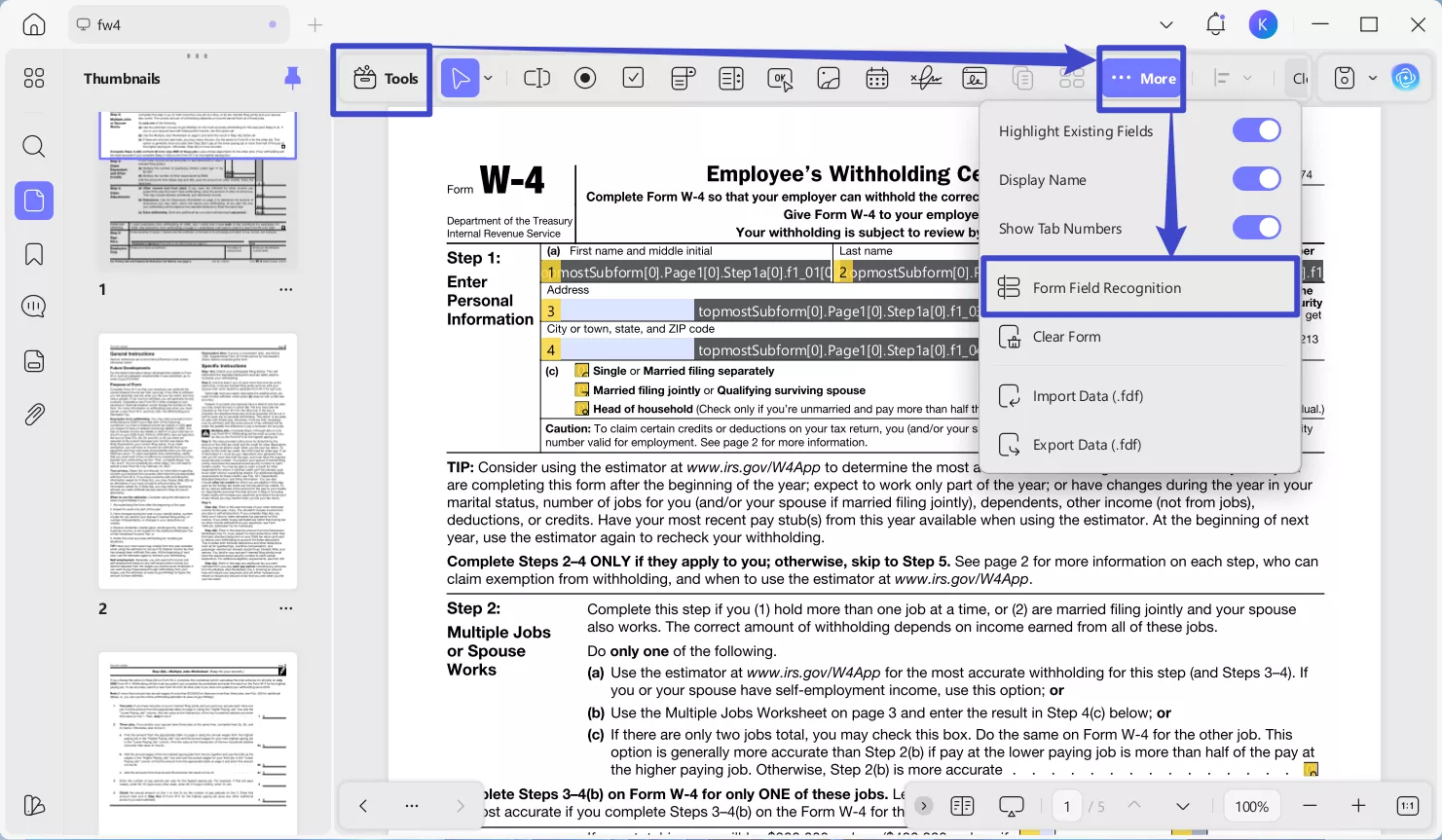 w-4 form fields recognition