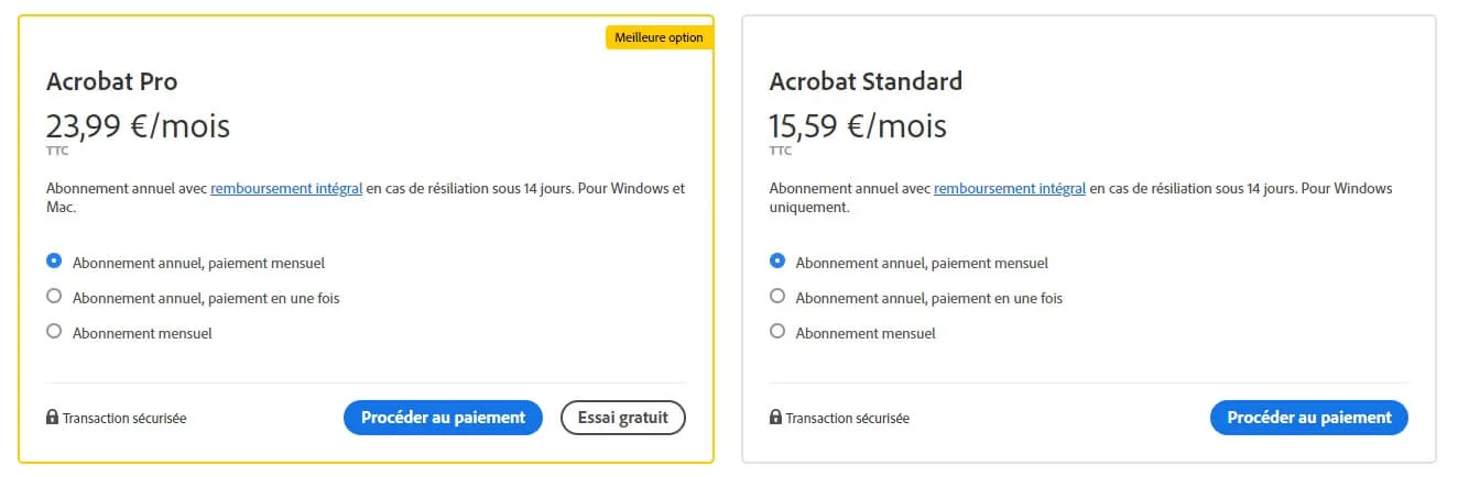 Tarifs d'Adobe Acrobat