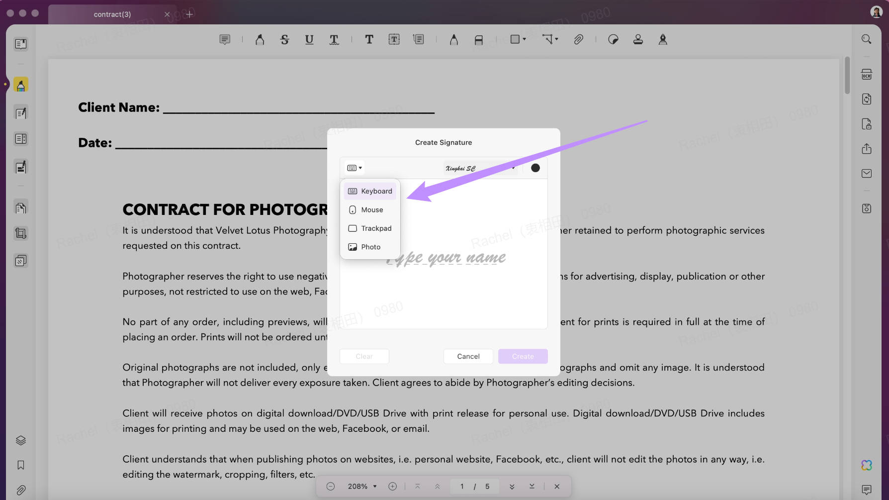 créer une signature sur UPDF mac avec 4 options