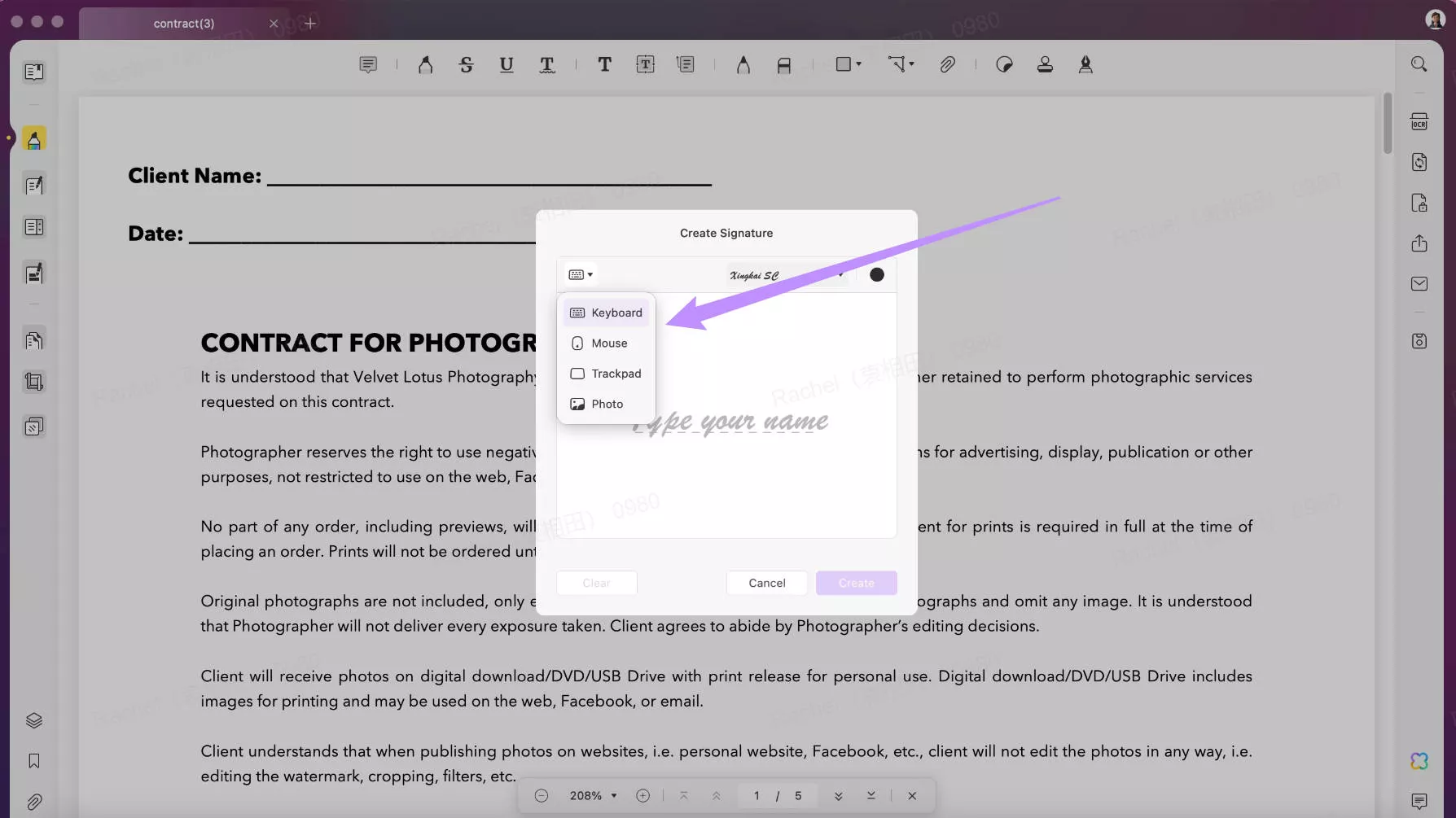 create signature on UPDF mac with 4 options