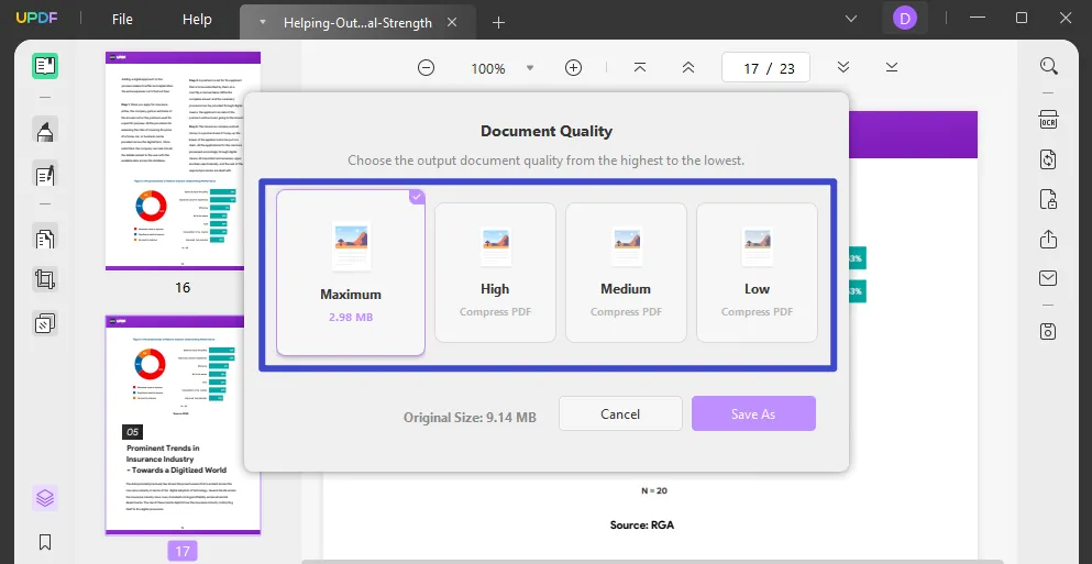 Select document quality to compress PDF on Windows