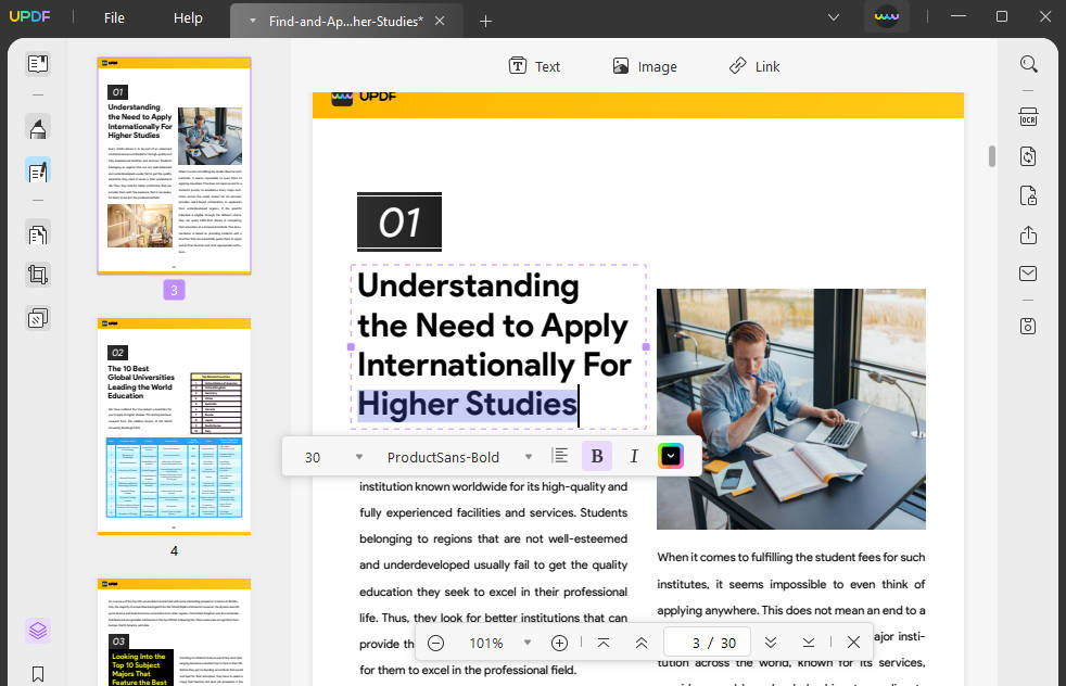 Edit Texts for essay in UPDF