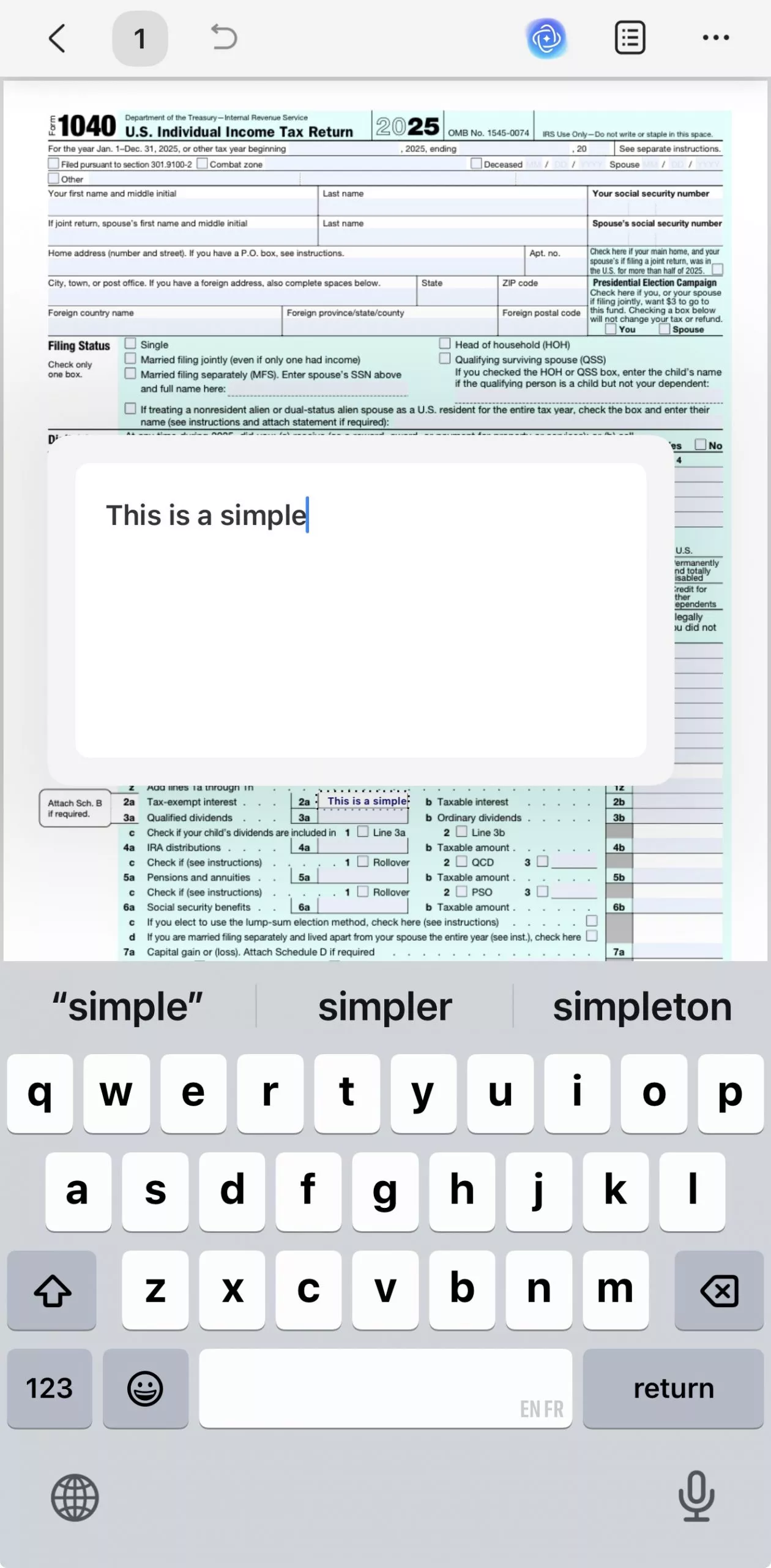 fill and sign form 1040 on updf mobile