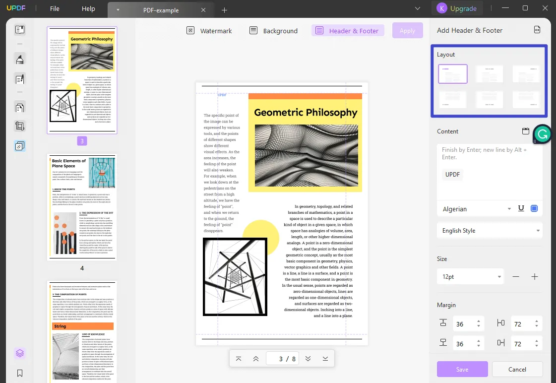 layout di intestazione e piè di pagina