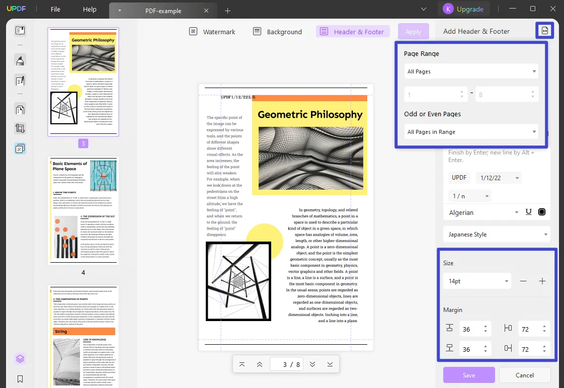 réglage de la fourchette de pages, de la taille et de la marge de l'en-tête et du pied de page