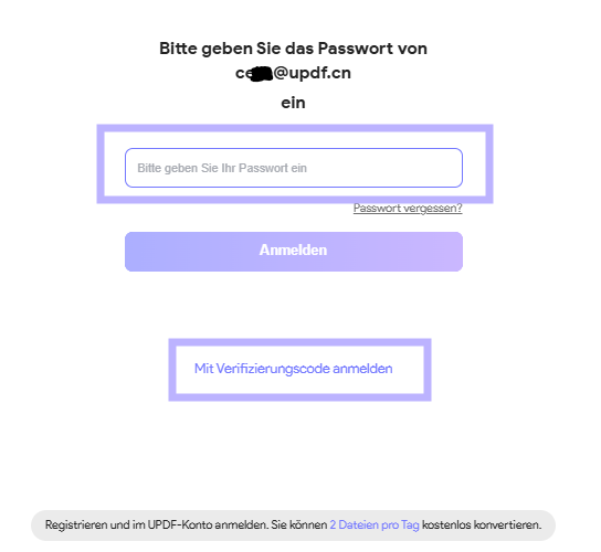 Anmeldung bei UPDF mit Passwort