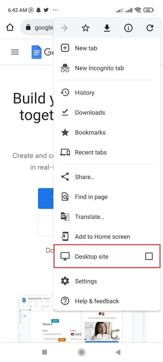 enable desktop site option