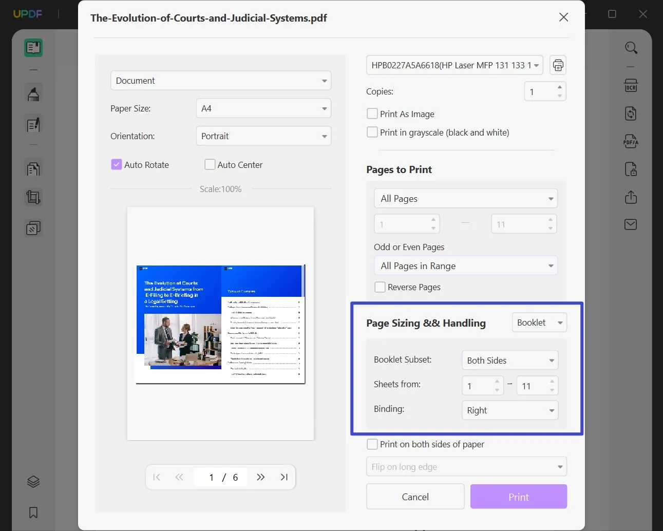 Open print settings to print pdf as booklet