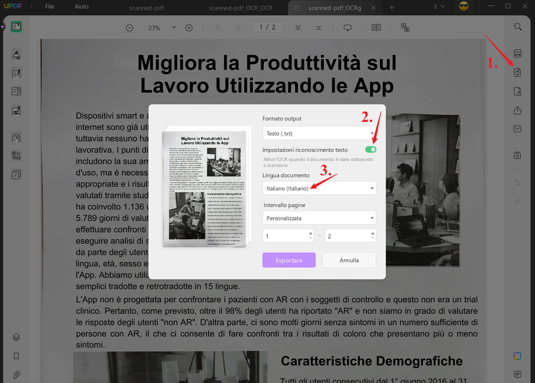 Esporta un PDF scannerizzato in formato TXT con Riconoscimento del Testo