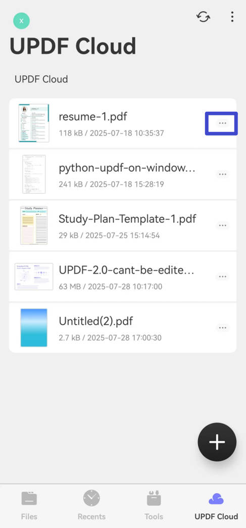 three dots for pdf in updf cloud
