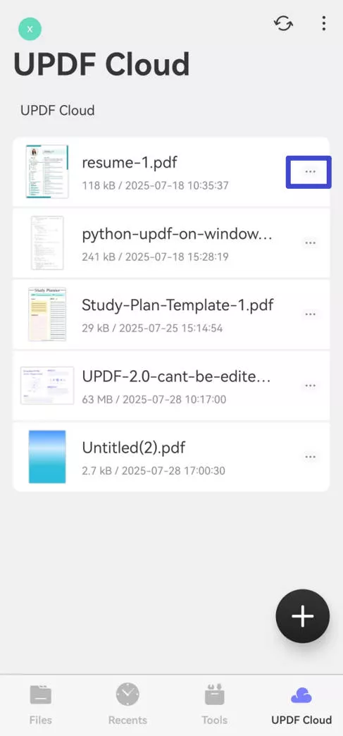 three dots for pdf in updf cloud