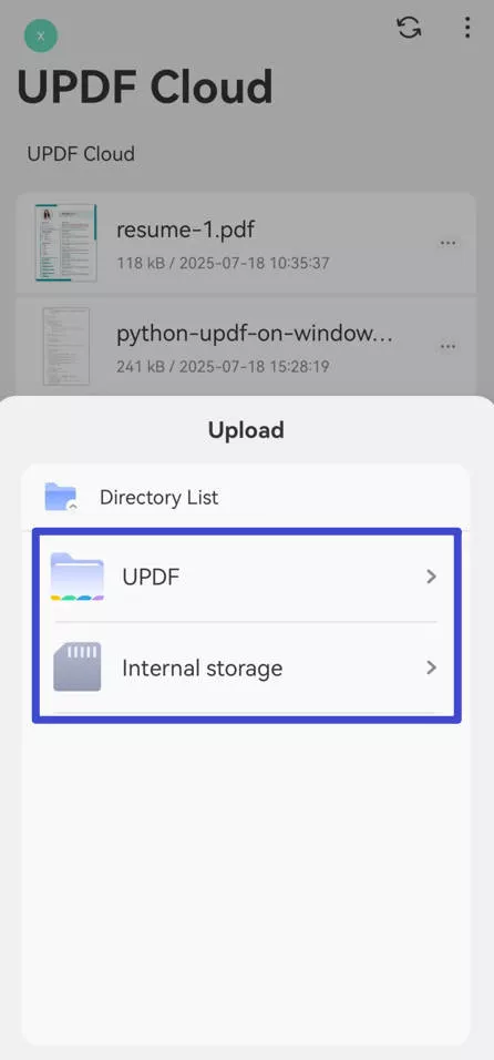 Select file to upload in UPDF Cloud