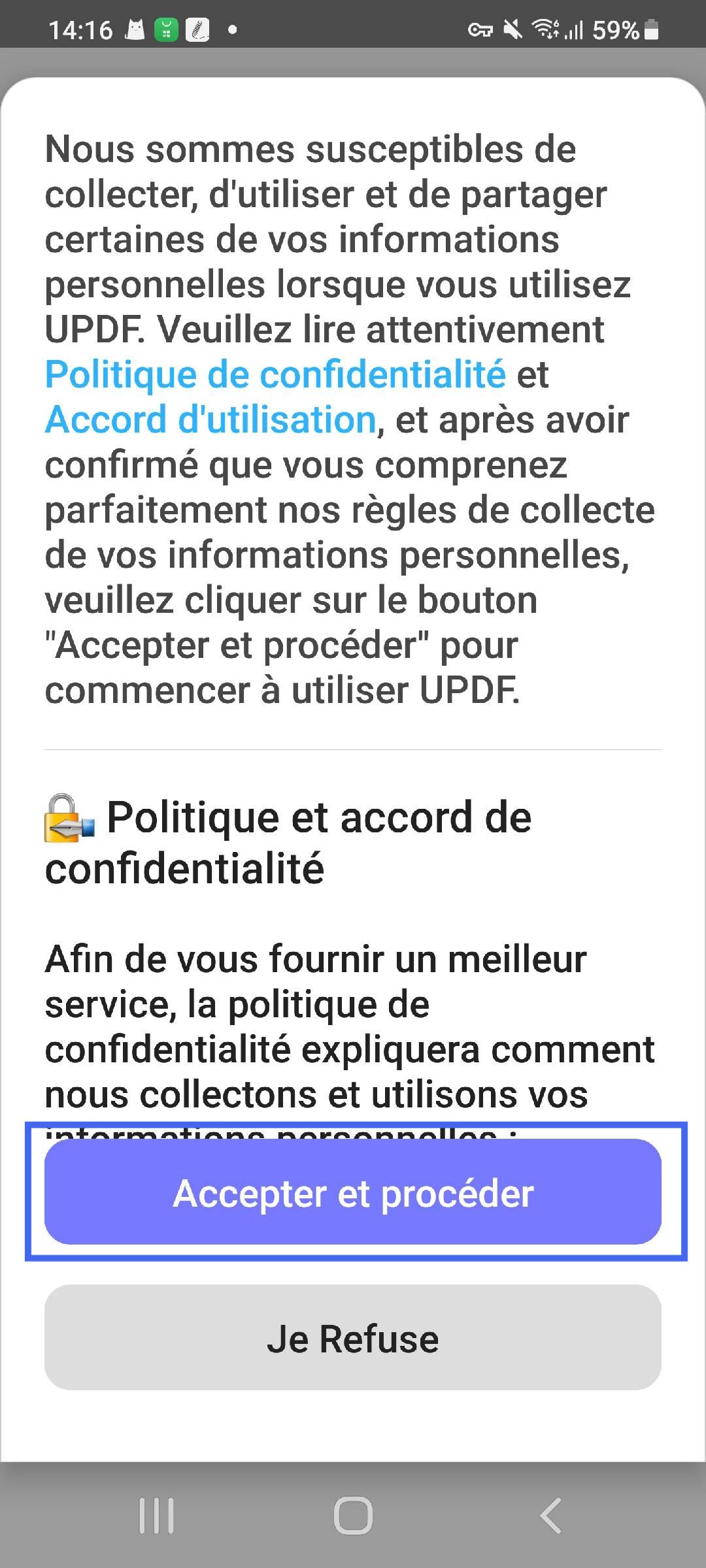 Bouton « Accepter et continuer » dans updf android