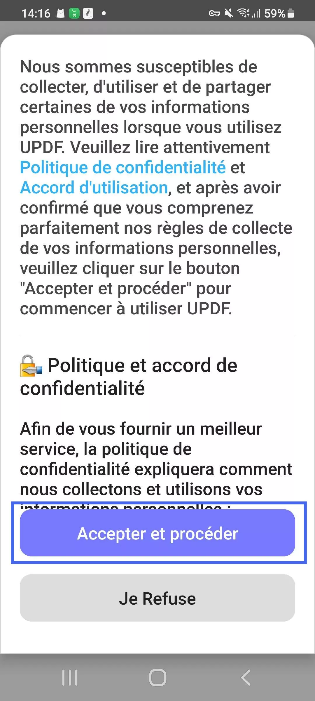Bouton « Accepter et continuer » dans updf android