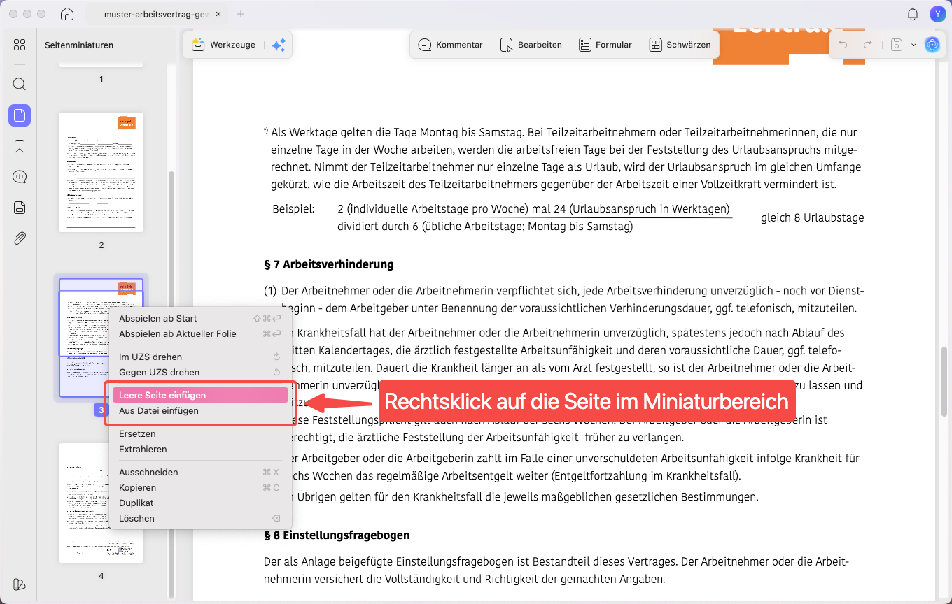 Klicken Sie mit der rechten Maustaste im Miniaturansichtsbereich auf die Seite, hinter der Sie eine Seite einfügen möchten.