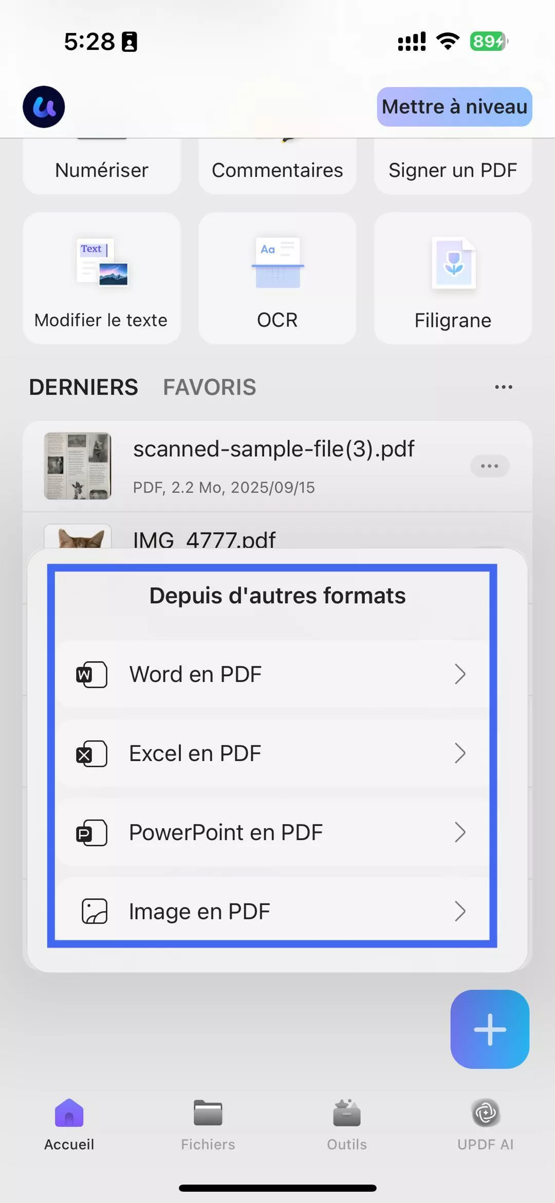 sélection du format updf