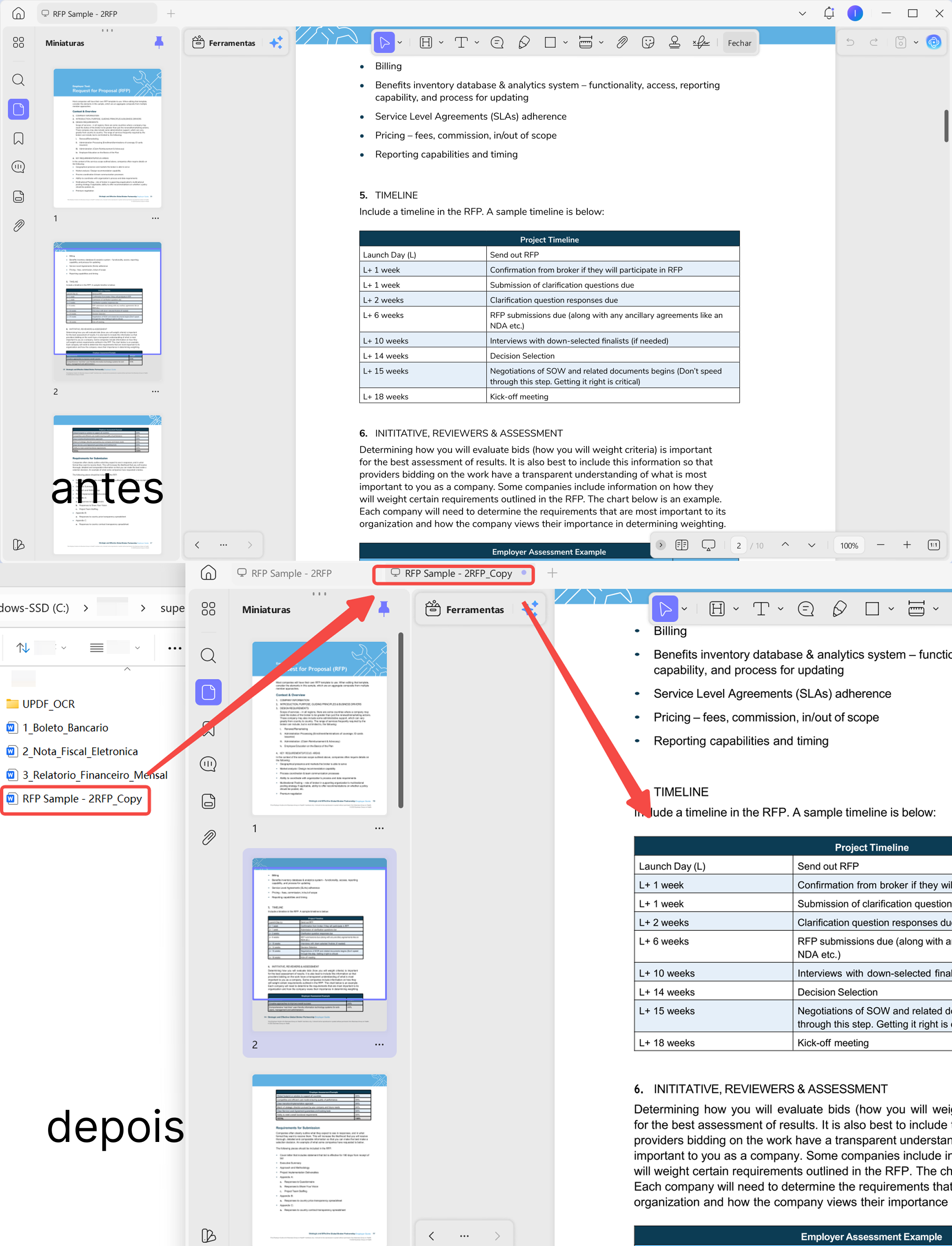 antes de converter e depois de converter