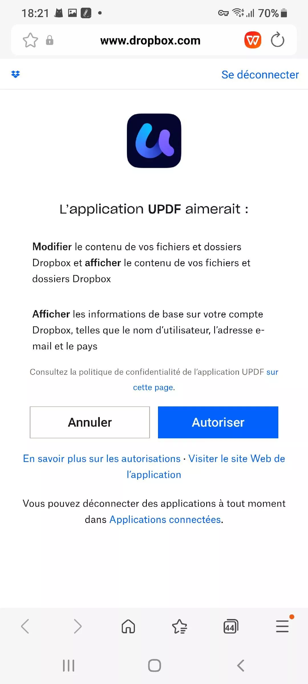 Autoriser updf à se connecter à votre Dropbox