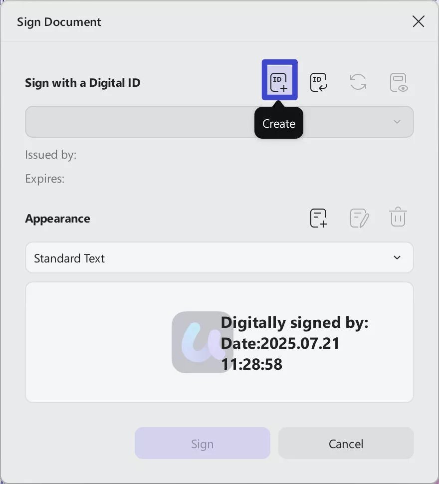 create digital signature in updf on windows