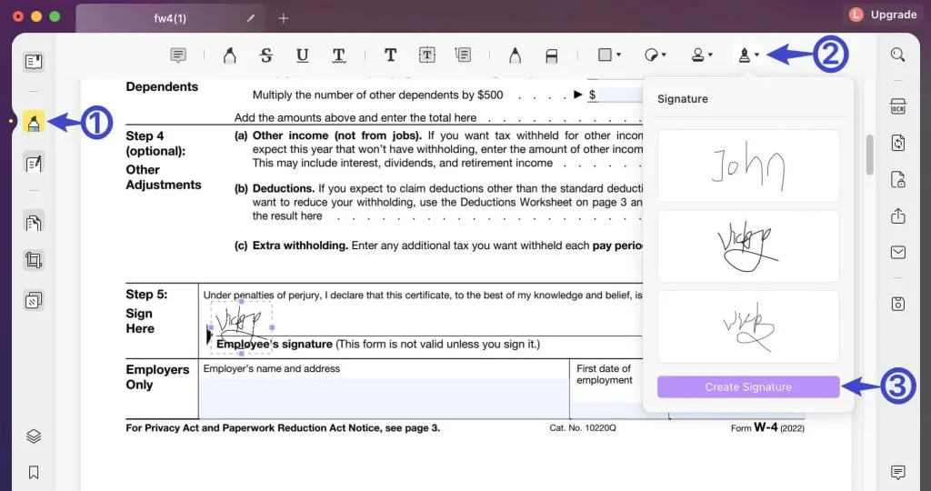 Cliquer sur l'icône "Annoter" sur le côté gauche et appuyer sur l'icône "Signature"