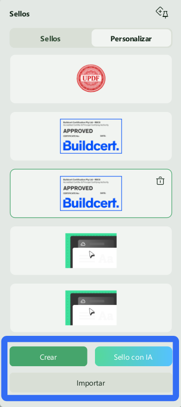 Personalizar reúne las opciones Crear, Sello con IA e Importar