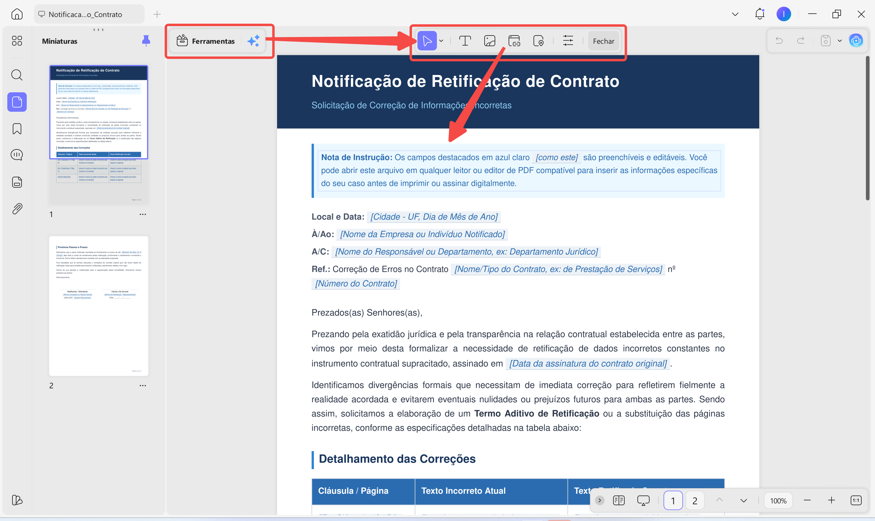 as áreas de texto no documento serão automaticamente reconhecidas como editáveis