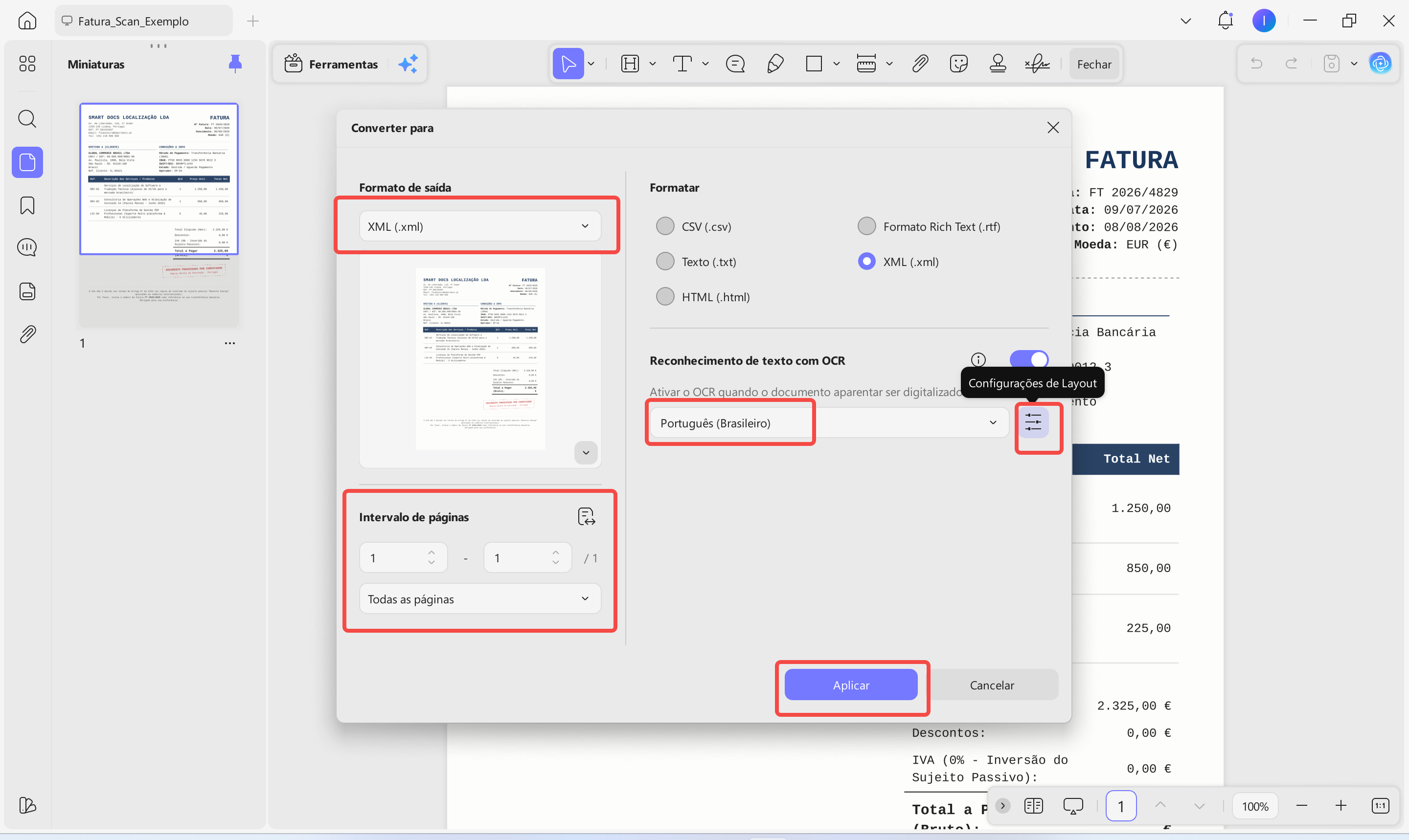 escolher o formato de saída XML