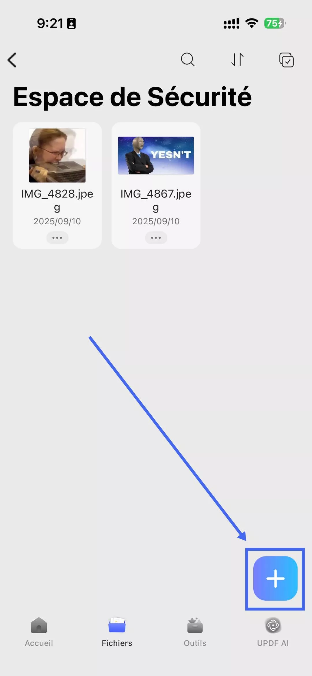 ajouter des fichiers à l'espace de sécurité