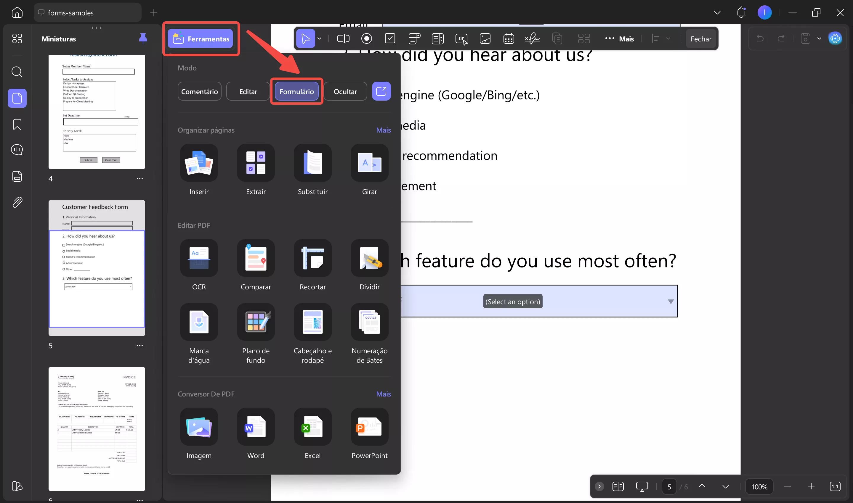 formulário em ferramentas