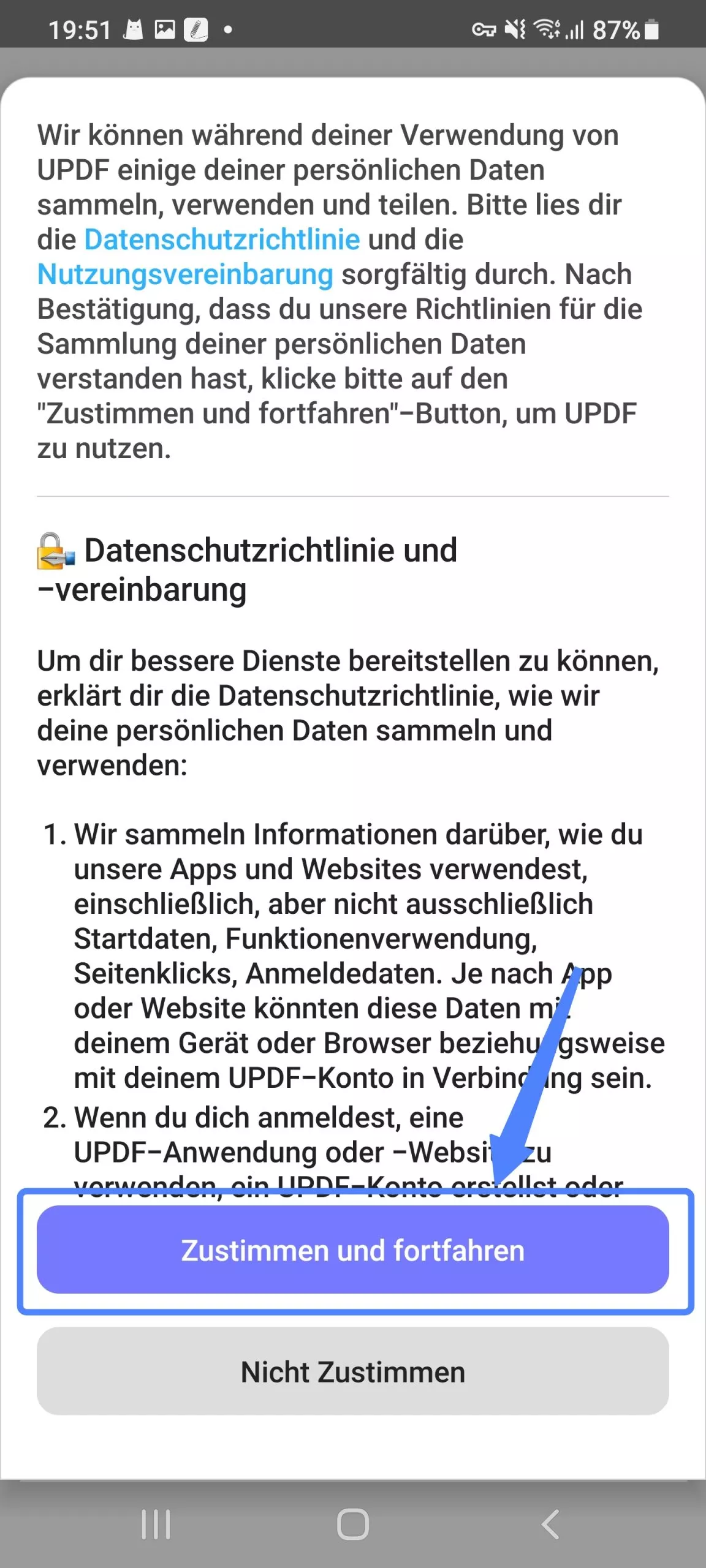 Zustimmen und fortfahren-Schaltfläche in UPDF Android