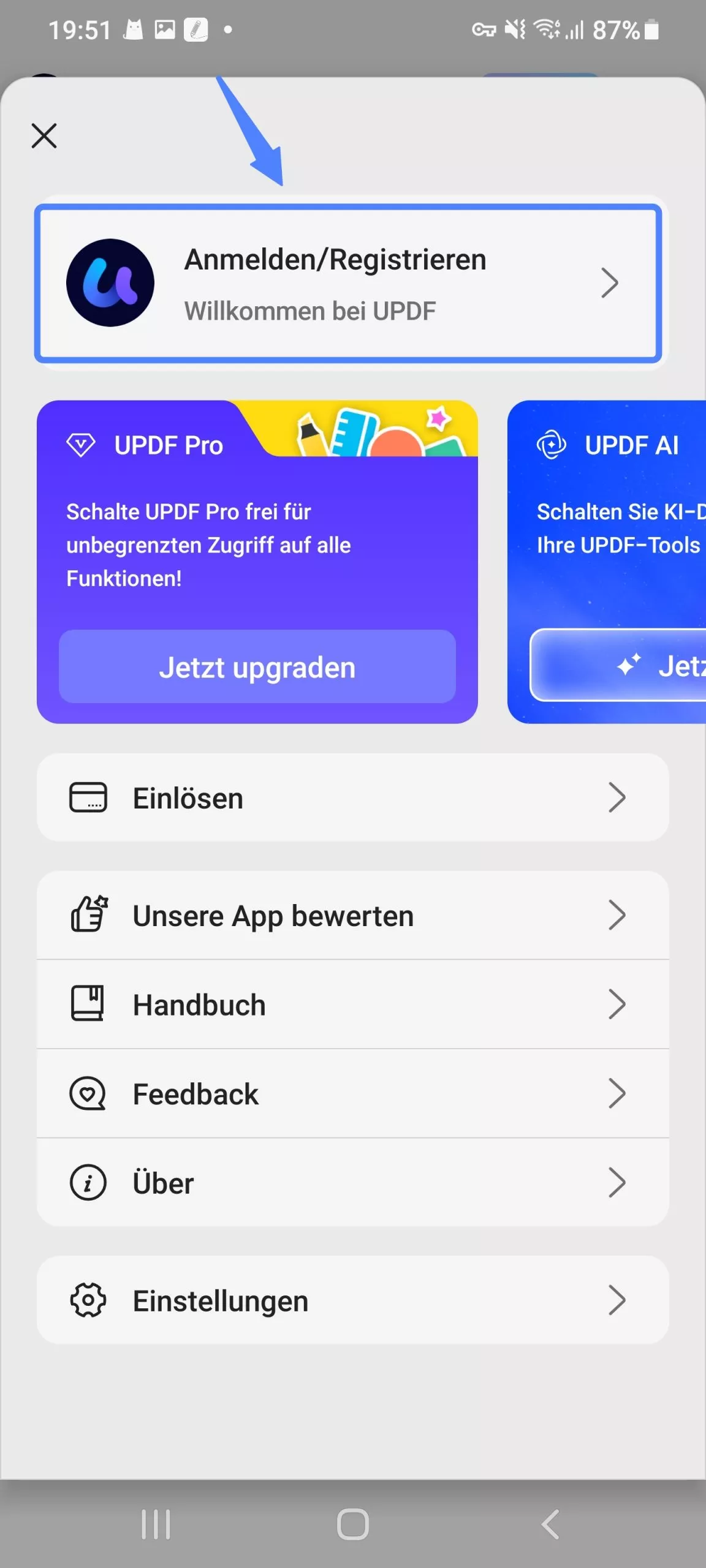 Bei UPDF auf Android anmelden