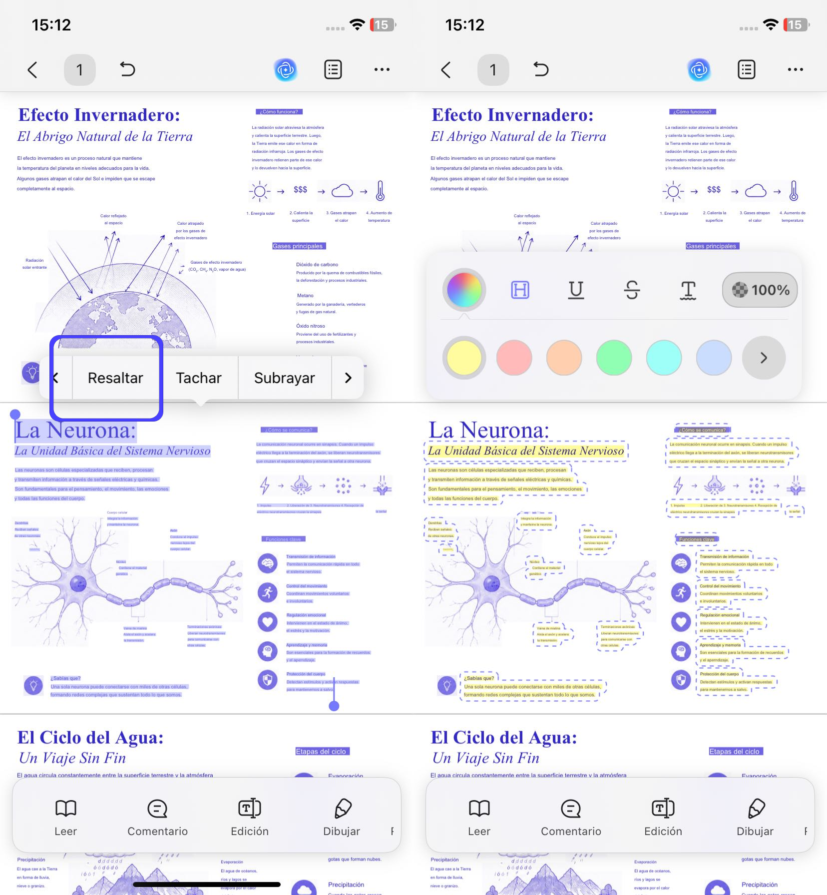 Activación con pulsación prolongada para subrayar pdf en ios