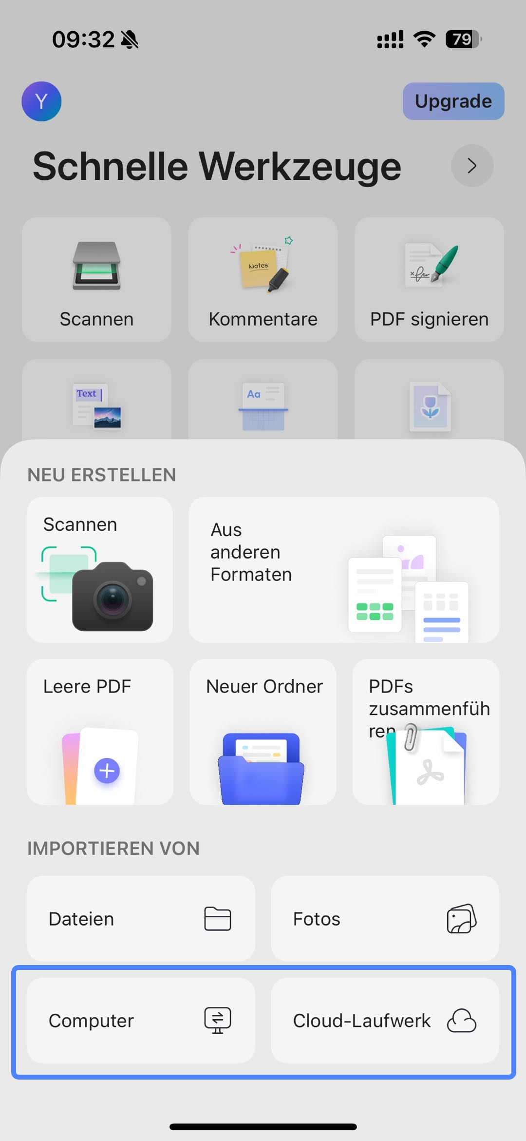wählen Sie im Abschnitt „Importieren von“ entweder „Computer“ oder „Cloud-Laufwerk“ aus
