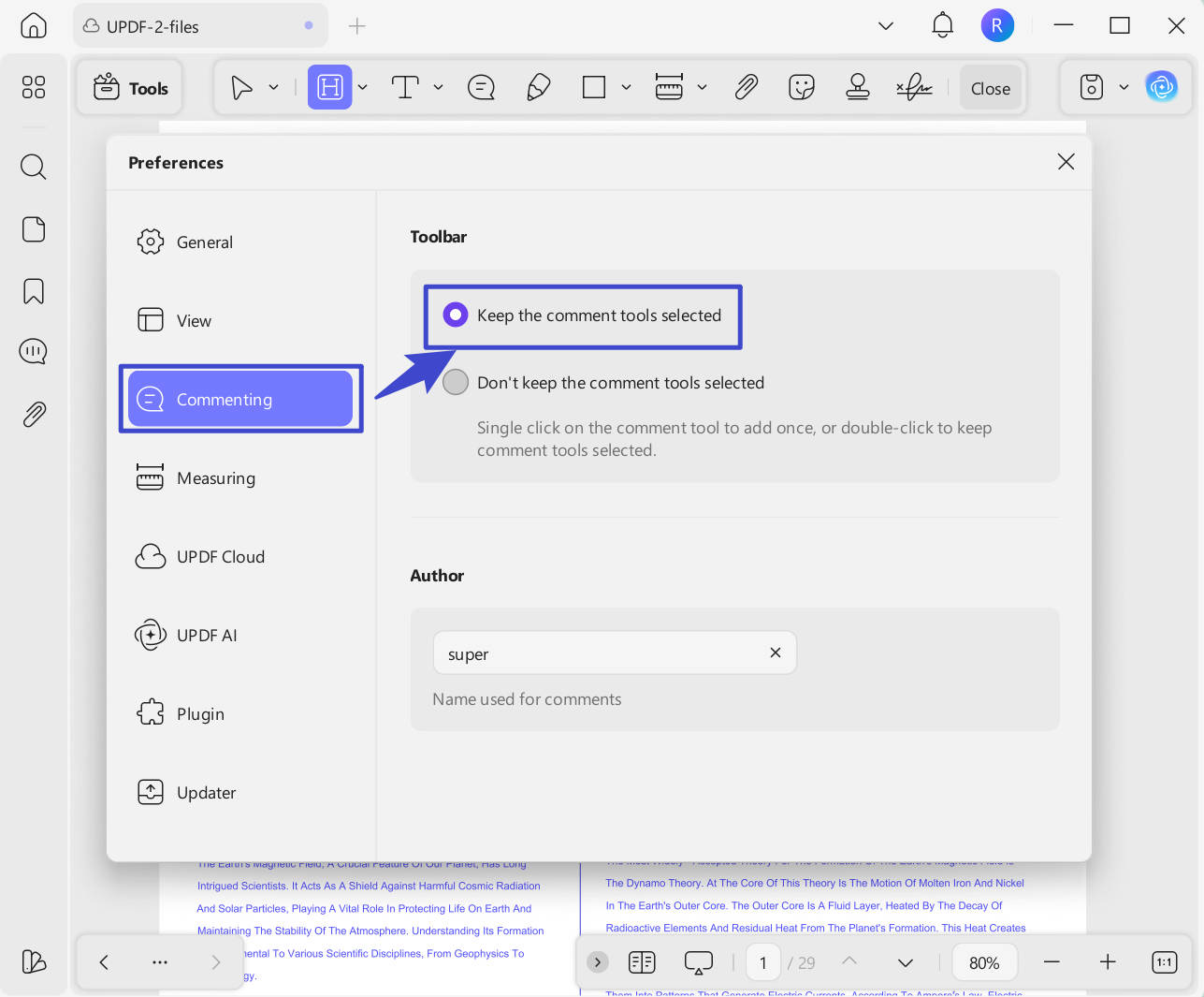 keep the comment tools selected updf windows