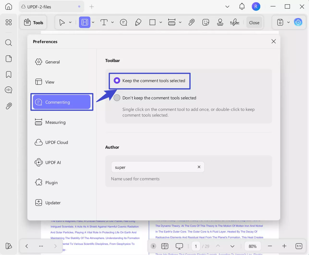 keep the comment tools selected updf windows