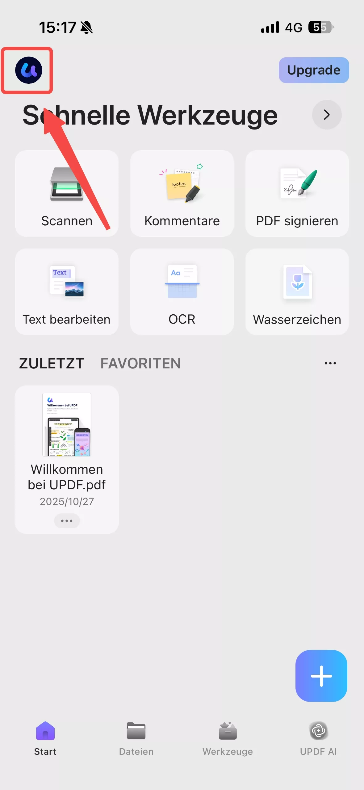 Tippen Sie auf das updf-Symbol.