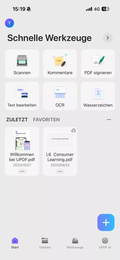 Hauptoberfläche von UPDF für iOS
