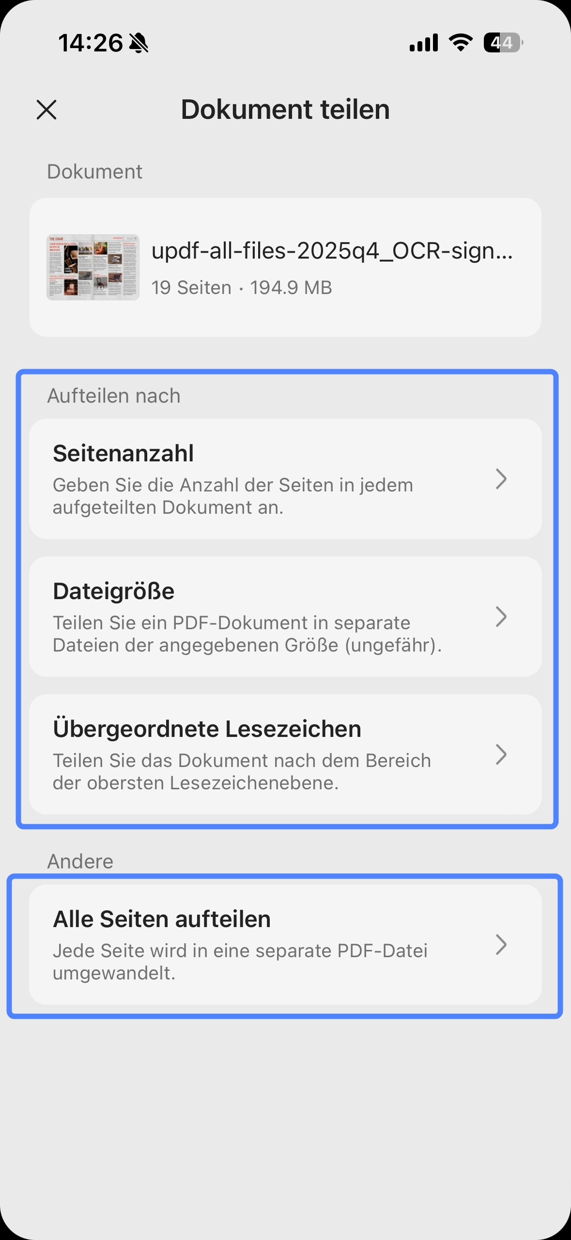 verschiedene Teilungsmodi