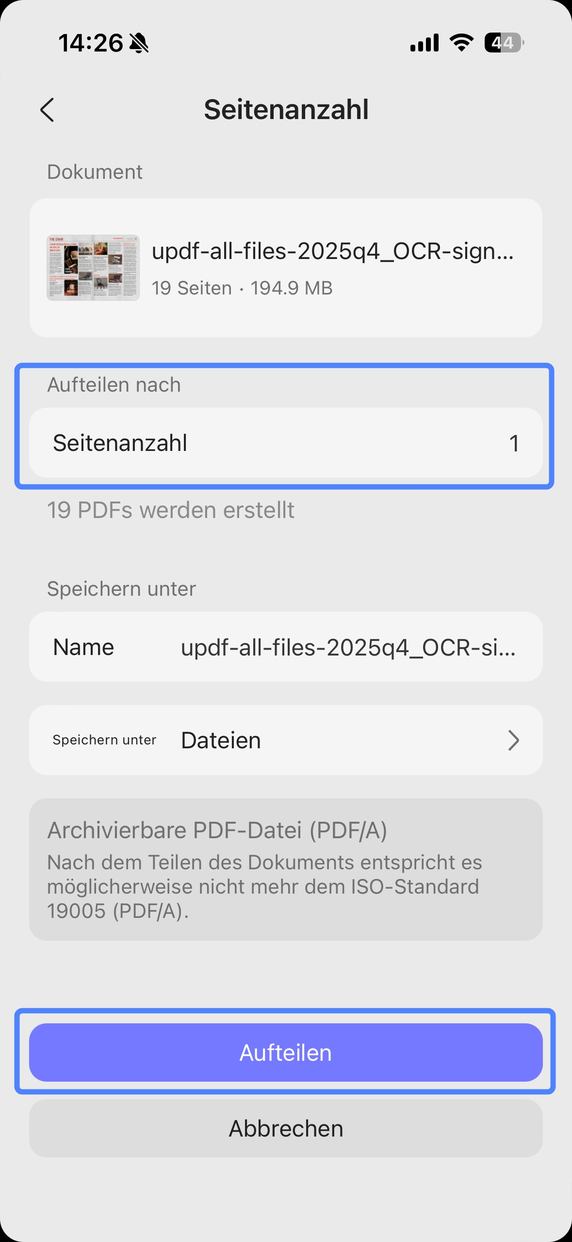Verwenden Sie updf, um Seiten nach Nummer zu teilen.