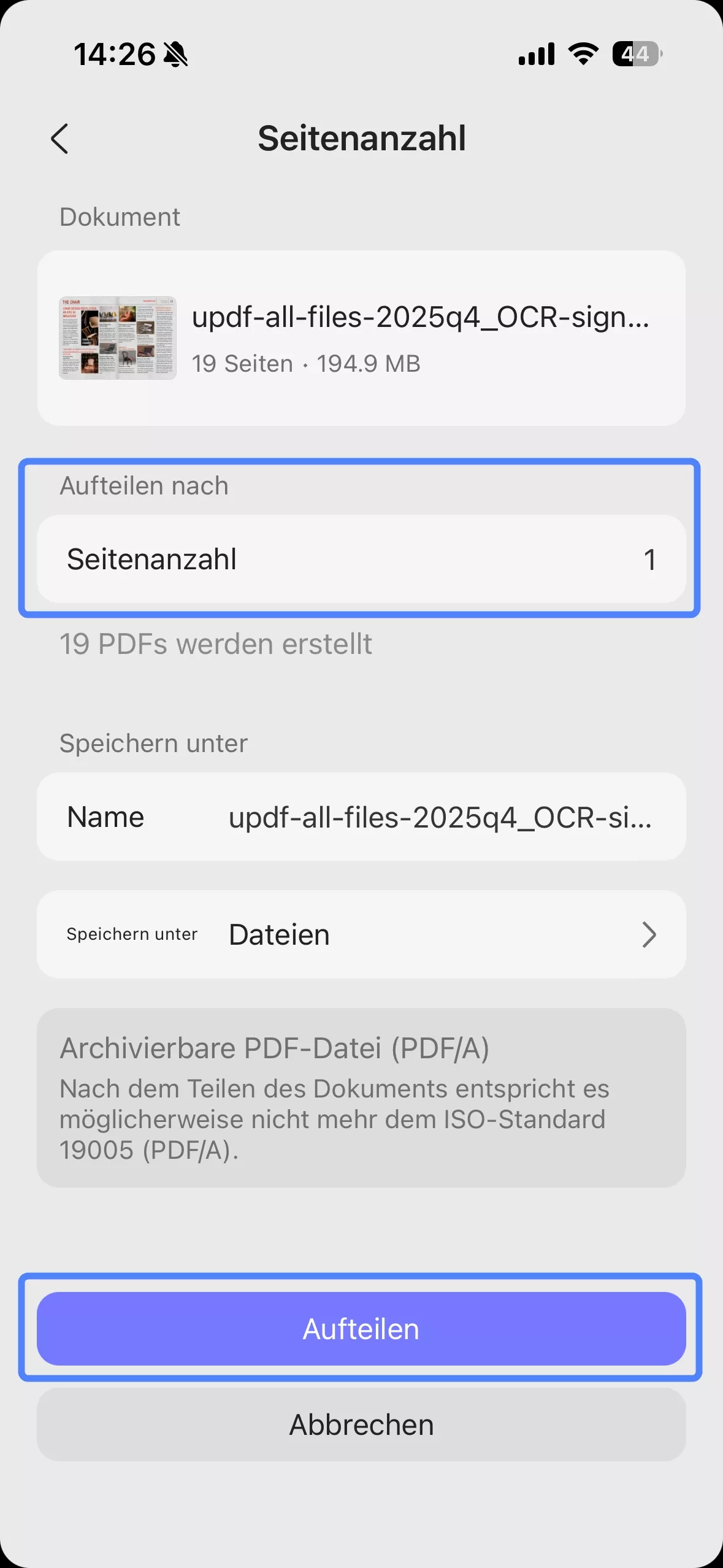 Aufteilung nach Seitenzahl