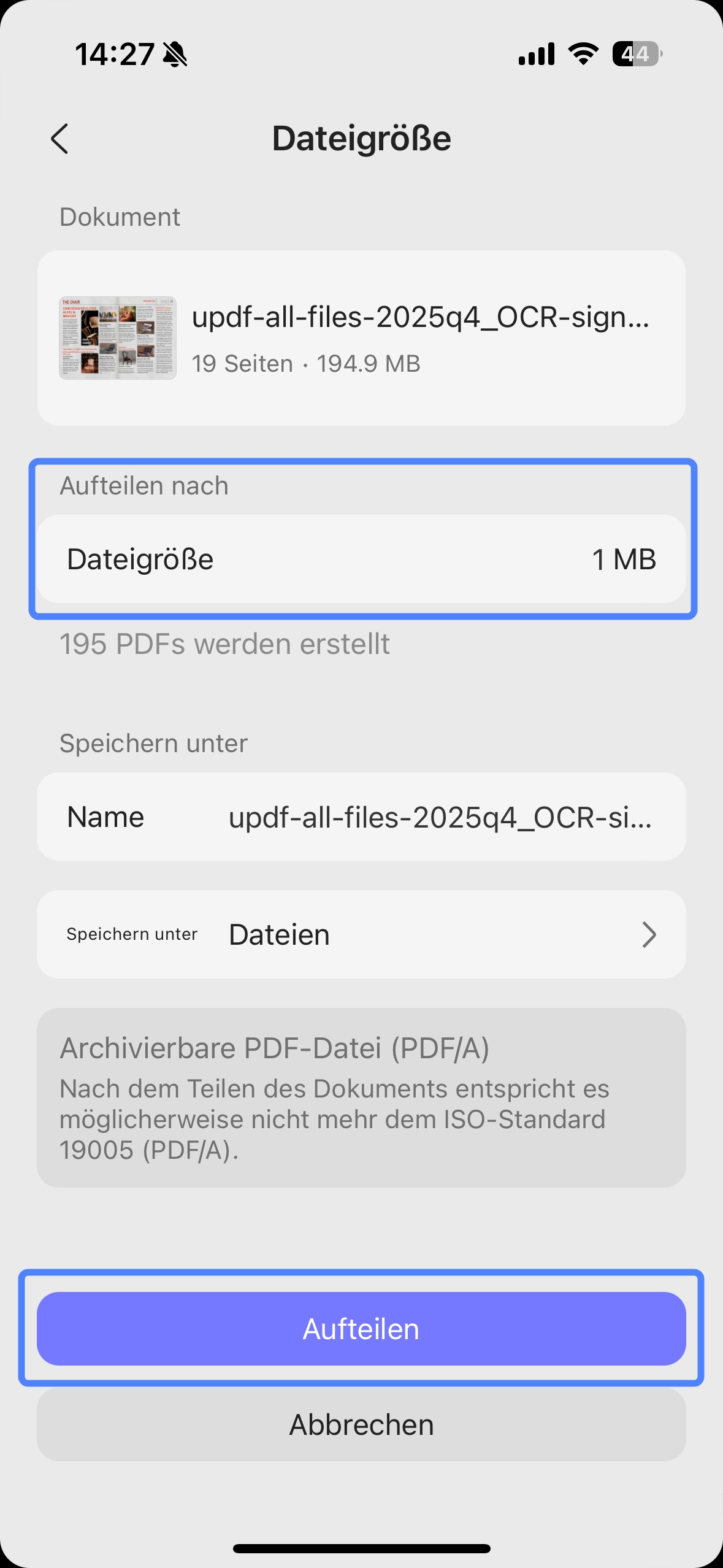 Seiten nach Dateigröße aufteilen
