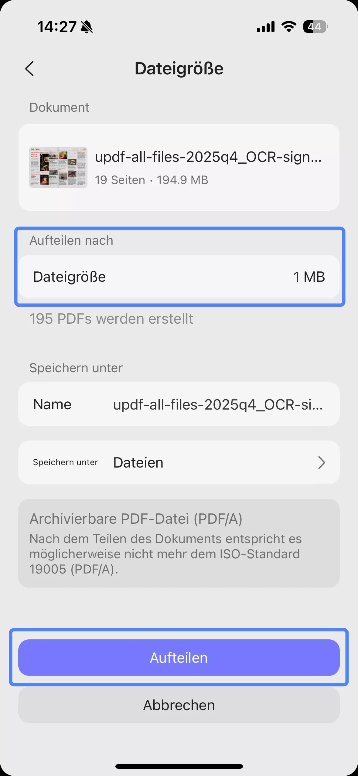 Aufteilung nach Dateigröße