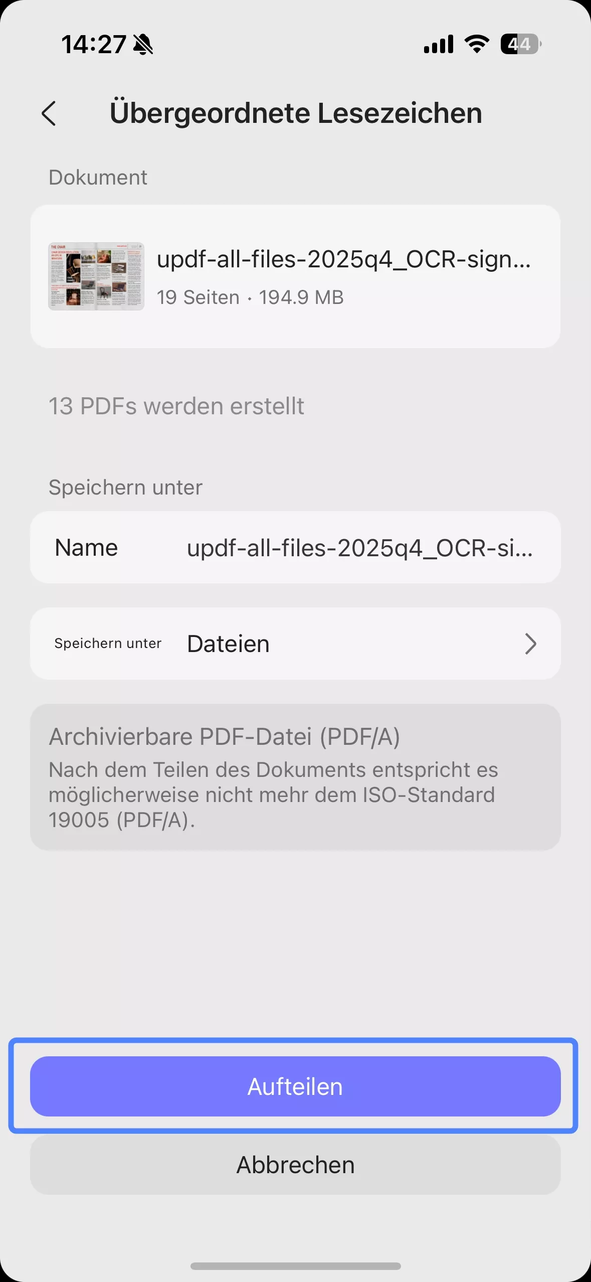 Aufteilung nach übergeordneten Lesezeichen