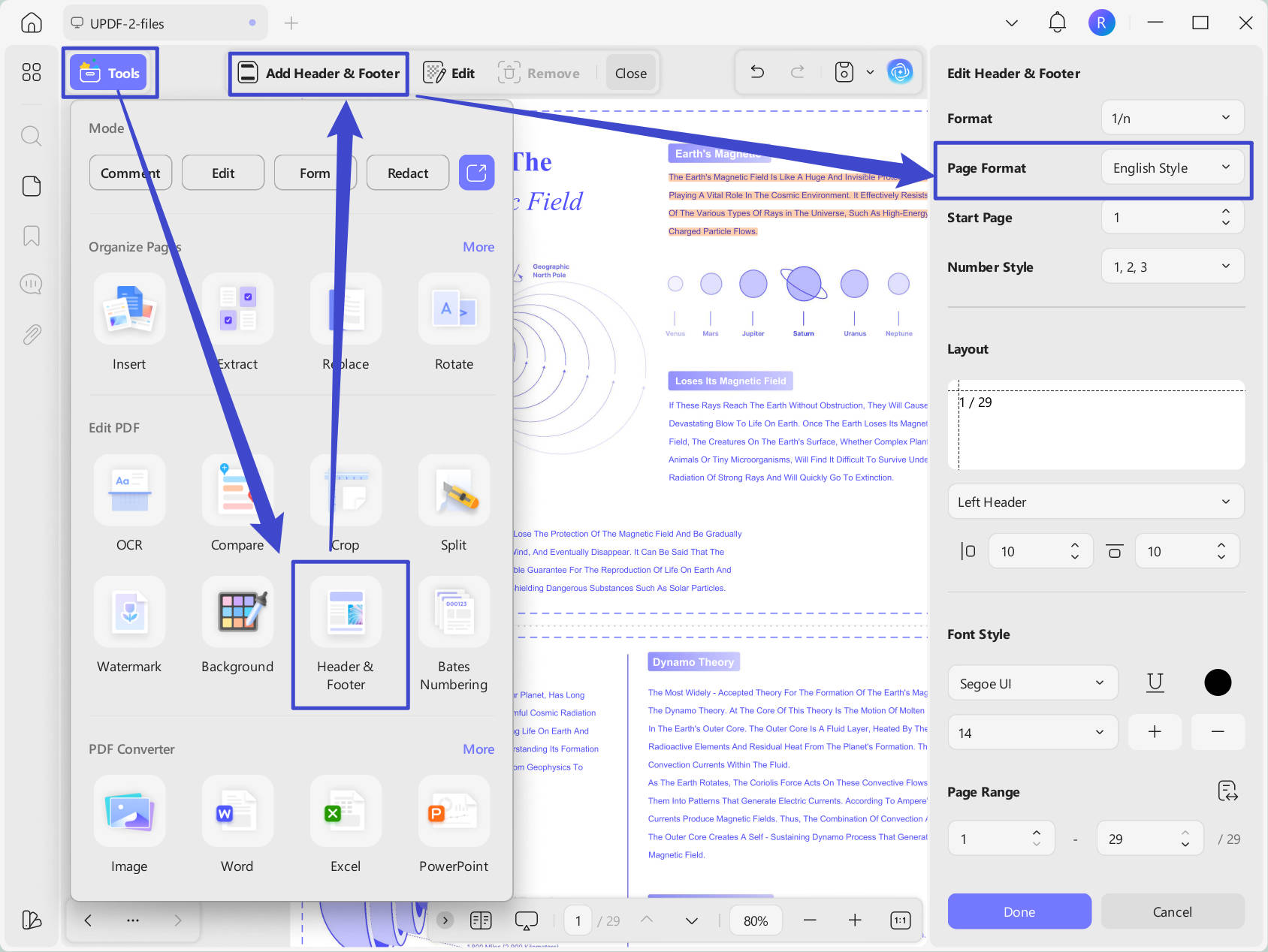 Page format for header and footer UPDF Windows