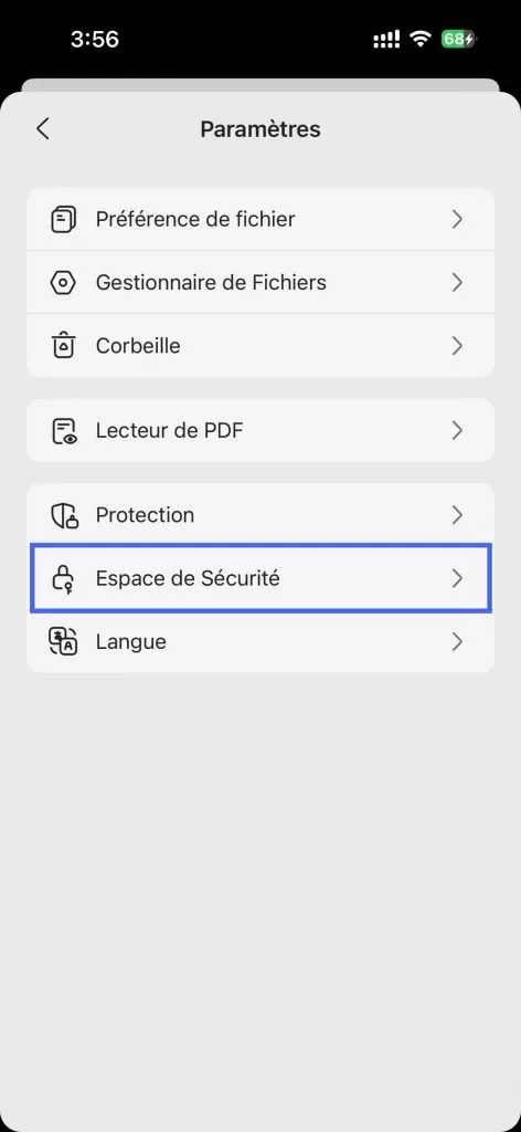 appuyez sur l'icône de l'espace de sécurité